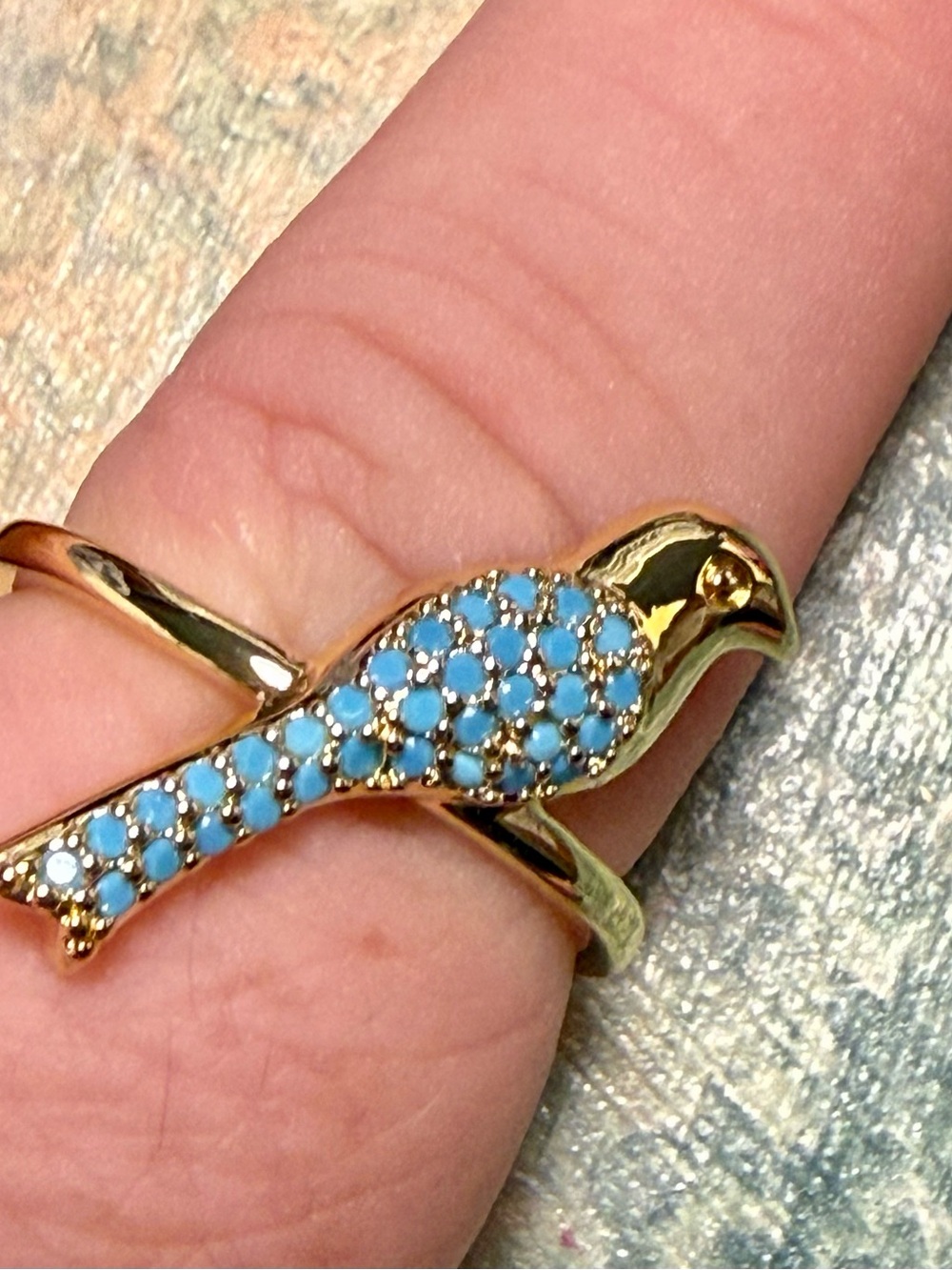 Gold Plated Bird Ring with Turquoise Pavé Stones - Picture 5 of 9